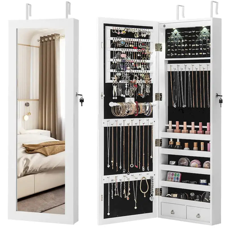 Wand-/Türmontierter Schmuckschrank mit Spiegel, LED-Beleuchtung und Schloss - 14.5"x4"x48.5"