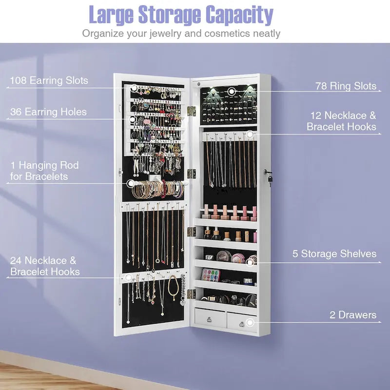 Wall/Door-Mount Mirror Jewelry Cabinet with LED Lights and Lock - 14.5"x4"x48.5"