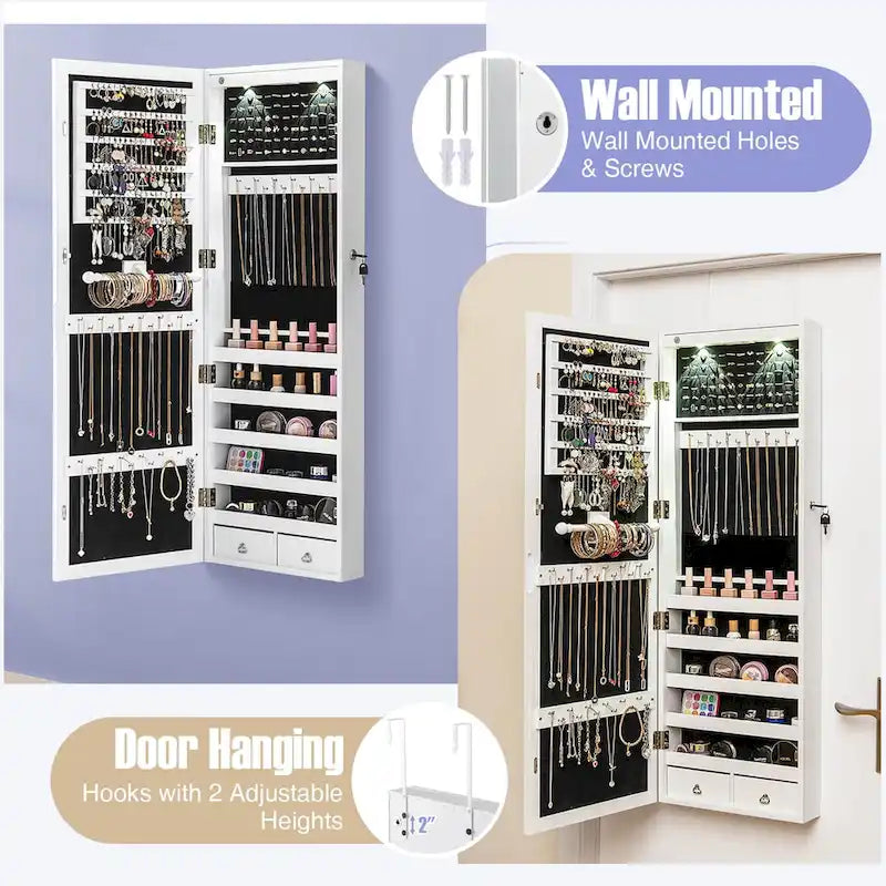 Wand-/Türmontierter Schmuckschrank mit Spiegel, LED-Beleuchtung und Schloss - 14.5"x4"x48.5"