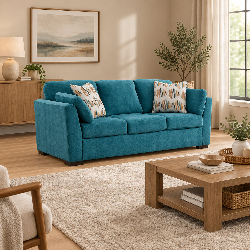 Viena Sofa with 2 Accent Throw Pillows, Teal Blue Faux Velvet 94 Inch