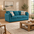 Viena Sofa with 2 Accent Throw Pillows, Teal Blue Faux Velvet 94 Inch