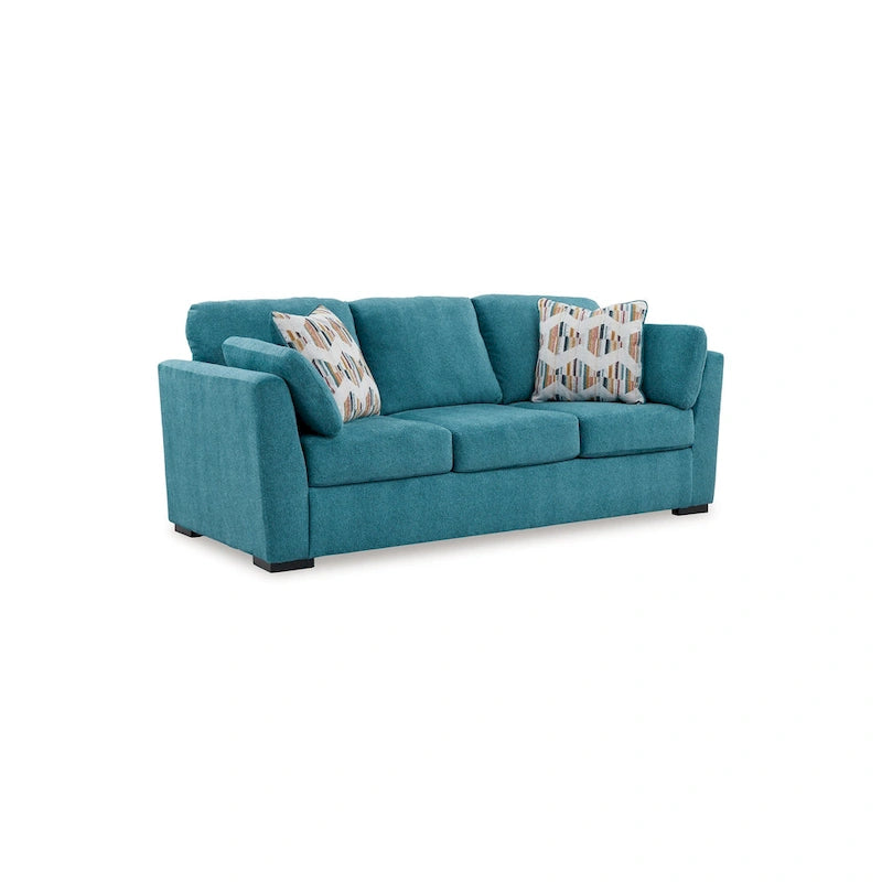 Viena Sofa with 2 Accent Throw Pillows, Teal Blue Faux Velvet 94 Inch