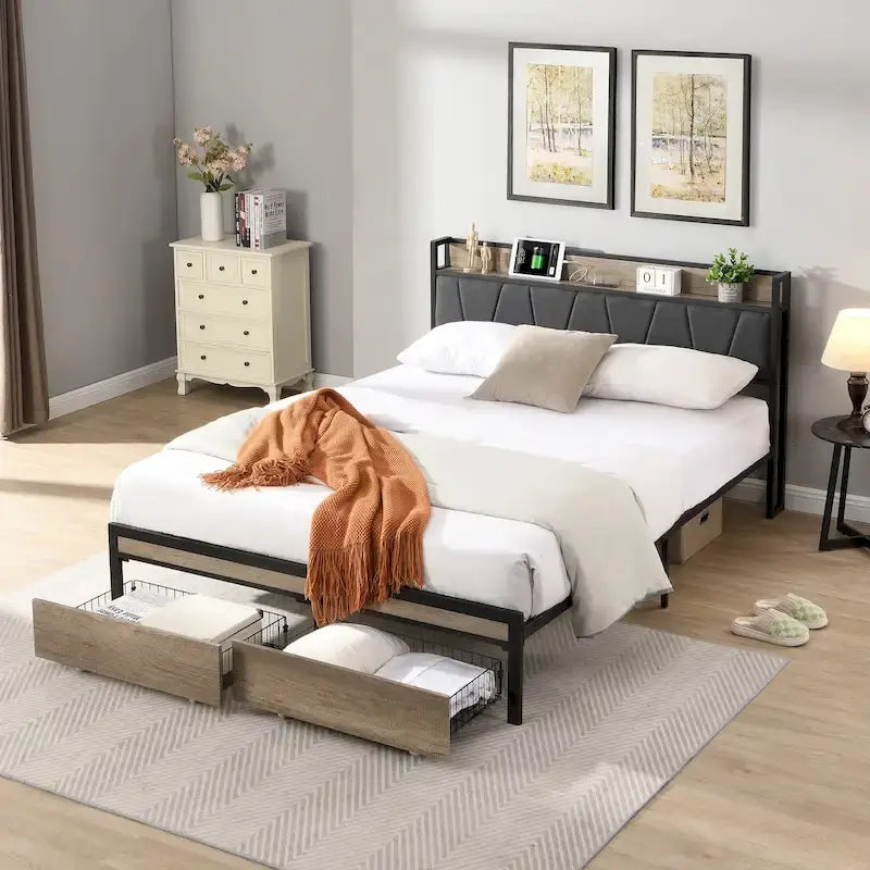 Metal Platform Bed with Drawers and Storage Headboard