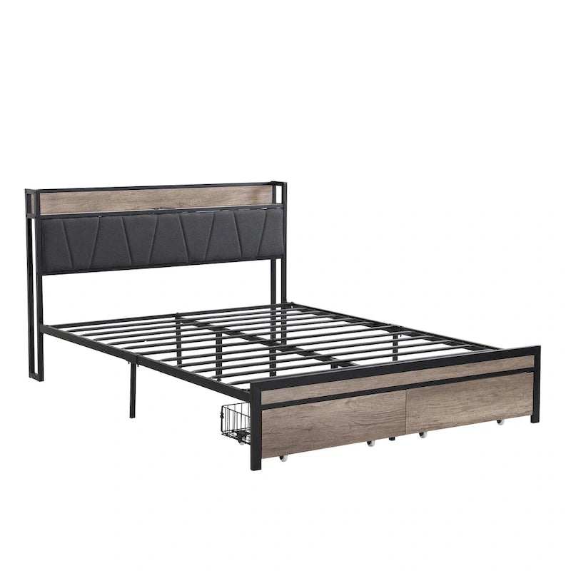 Metal Platform Bed with Drawers and Storage Headboard