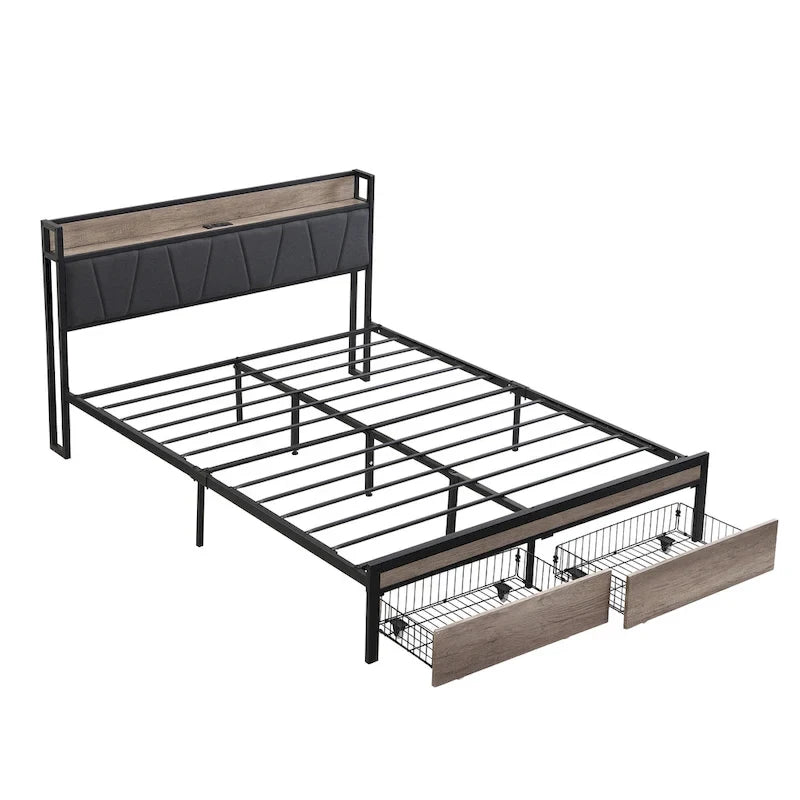 Metal Platform Bed with Drawers and Storage Headboard