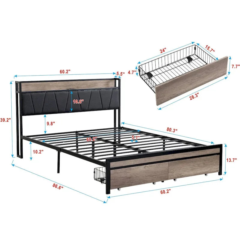 Metal Platform Bed with Drawers and Storage Headboard