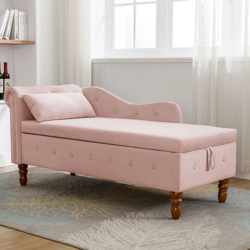 Pink 58.26" Velvet Button Tufted Chaise Lounge Chair with Storage