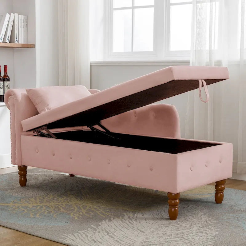 Pink 58.26" Velvet Button Tufted Chaise Lounge Chair with Storage
