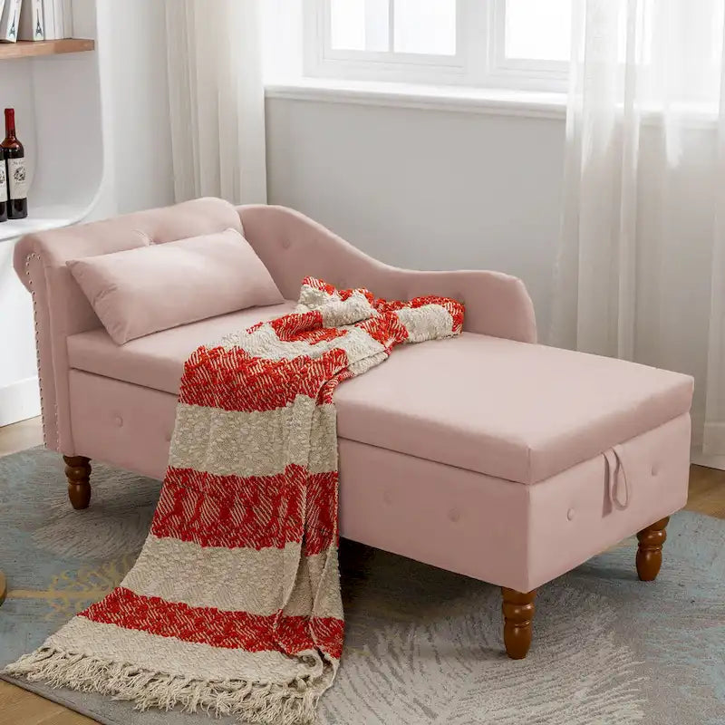 Pink 58.26" Velvet Button Tufted Chaise Lounge Chair with Storage