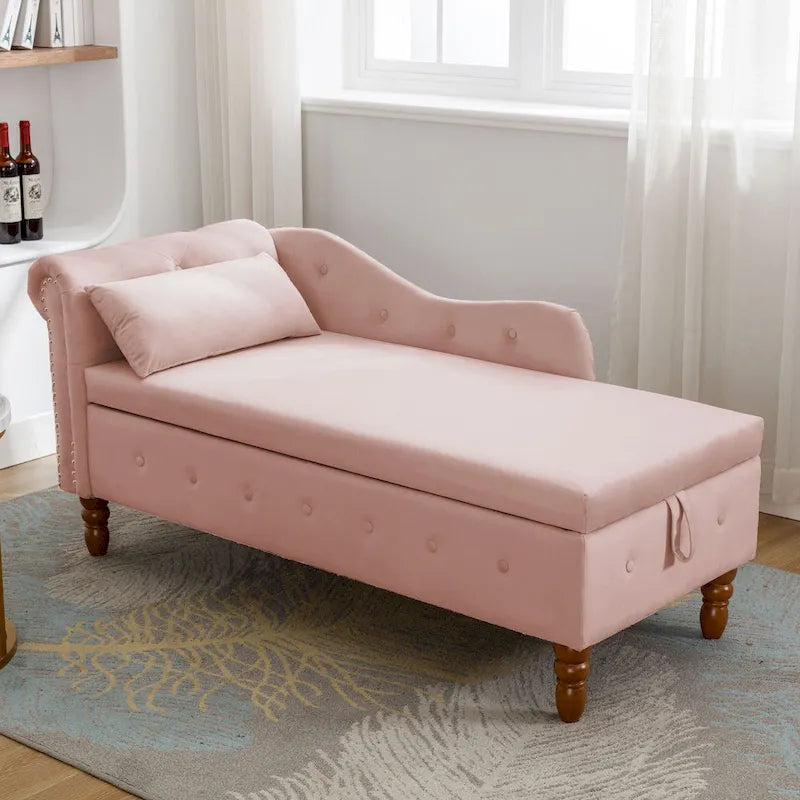 Pink 58.26" Velvet Button Tufted Chaise Lounge Chair with Storage