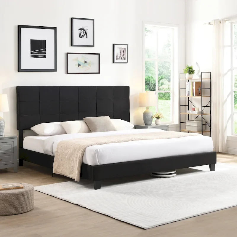 Letto imbottito king size con testiera in tessuto di lino