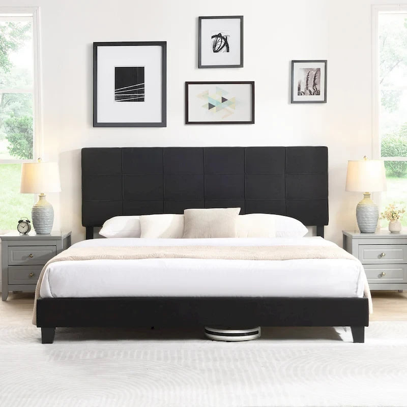 Letto imbottito king size con testiera in tessuto di lino
