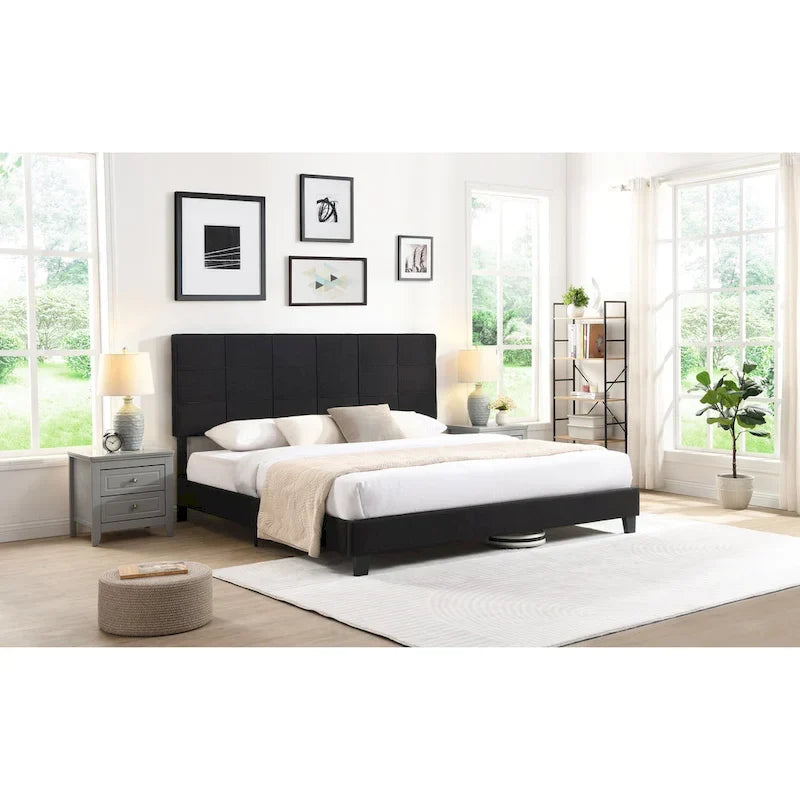 Letto imbottito king size con testiera in tessuto di lino