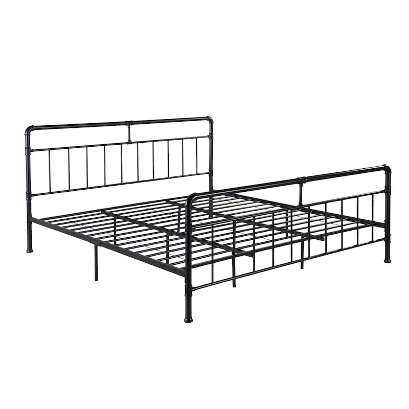 Industrial Iron Pipe King-Size Platform Bed Frame in Black and Hammered Copper