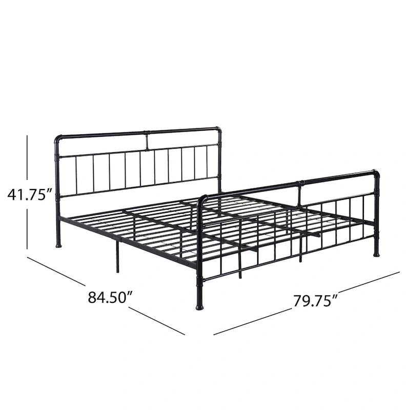Industrial Iron Pipe King-Size Platform Bed Frame in Black and Hammered Copper