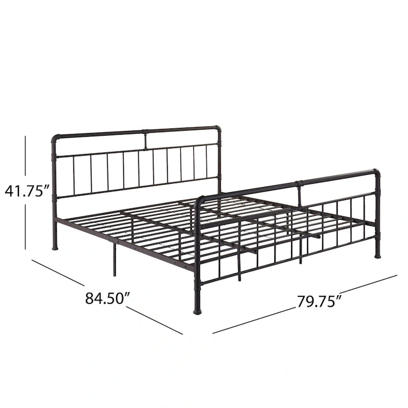 Industrial Iron Pipe King-Size Platform Bed Frame in Black and Hammered Copper