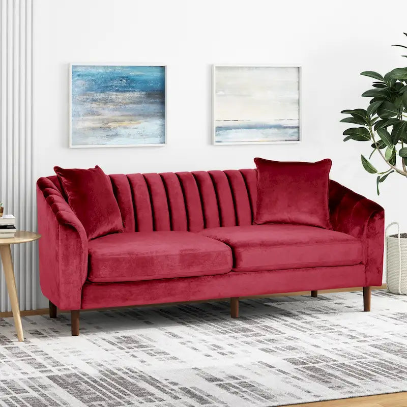 Contemporary Channel-Tufted Velvet 3-Seat Sofa with Accent Pillows