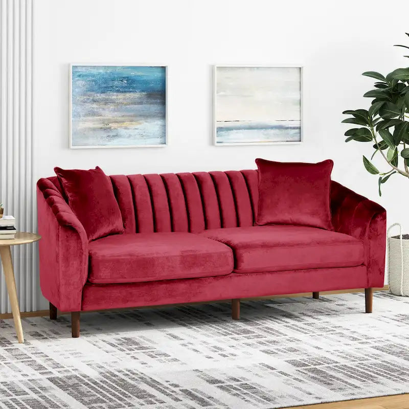 Contemporary Channel-Tufted Velvet 3-Seat Sofa with Accent Pillows