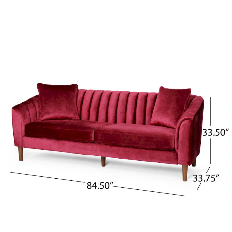 Contemporary Channel-Tufted Velvet 3-Seat Sofa with Accent Pillows