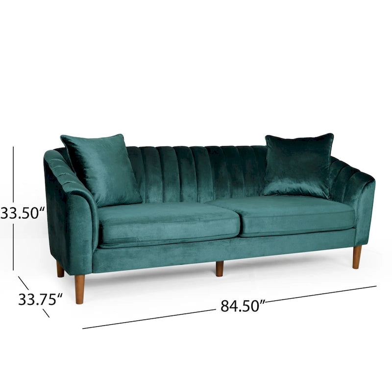 Contemporary Channel-Tufted Velvet 3-Seat Sofa with Accent Pillows