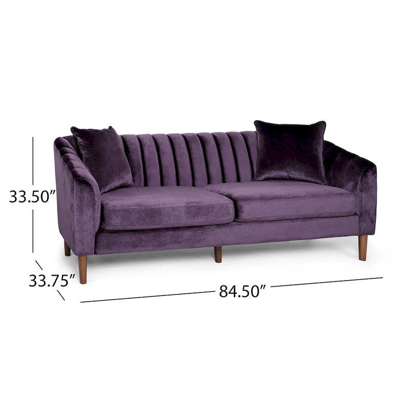 Contemporary Channel-Tufted Velvet 3-Seat Sofa with Accent Pillows