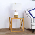 Geometric X-Base Metal and Glass Side Table in Golden Brass Finish