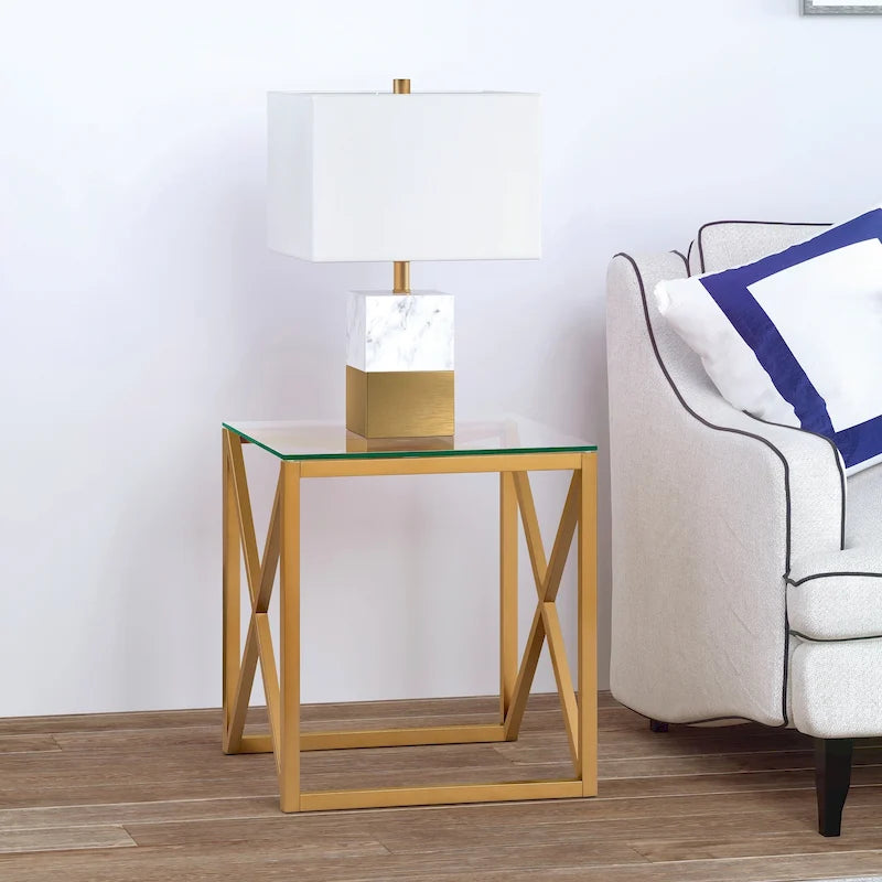 Geometric X-Base Metal and Glass Side Table in Golden Brass Finish