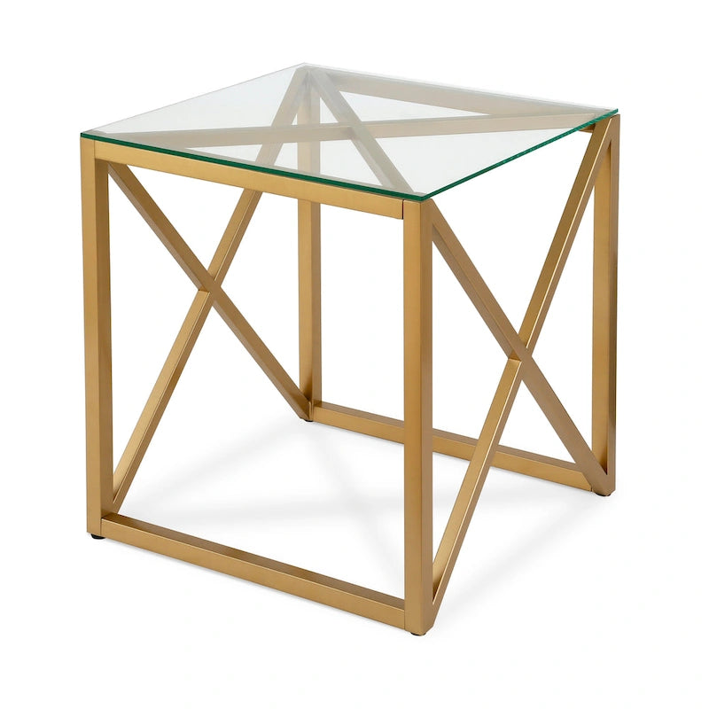 Geometric X-Base Metal and Glass Side Table in Golden Brass Finish