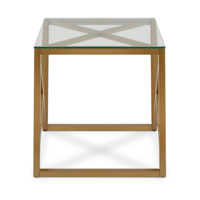 Geometric X-Base Metal and Glass Side Table in Golden Brass Finish