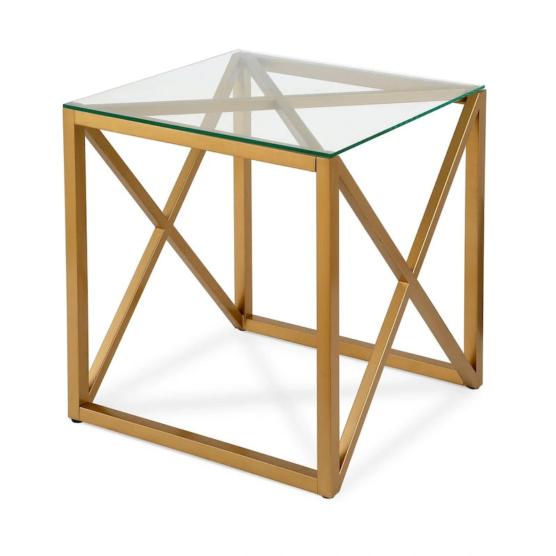Geometric X-Base Metal and Glass Side Table in Golden Brass Finish