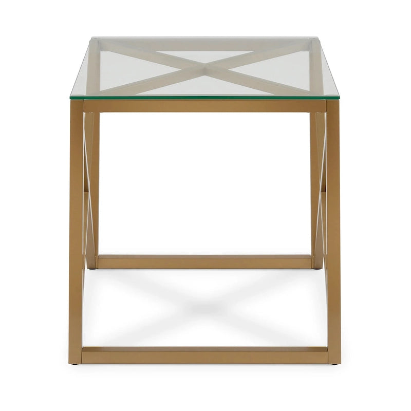 Geometric X-Base Metal and Glass Side Table in Golden Brass Finish