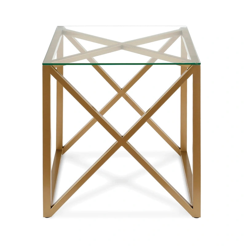 Geometric X-Base Metal and Glass Side Table in Golden Brass Finish