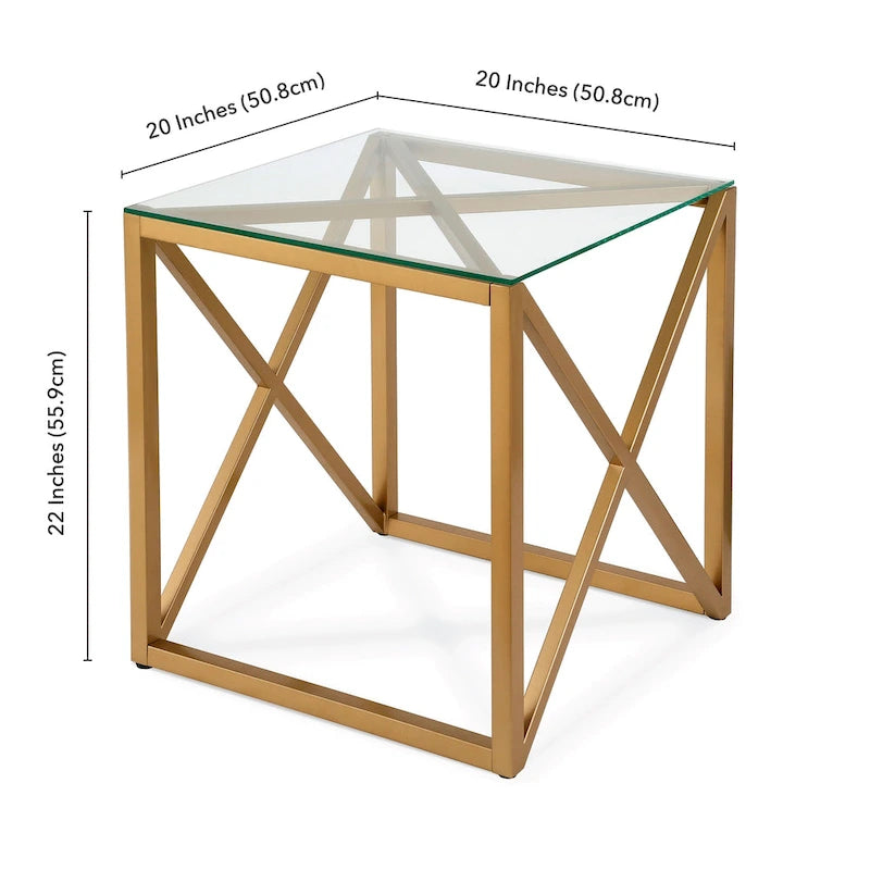 Geometric X-Base Metal and Glass Side Table in Golden Brass Finish