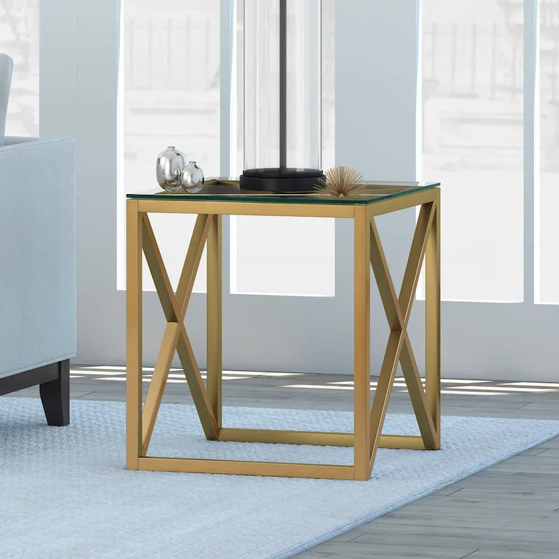 Geometric X-Base Metal and Glass Side Table in Golden Brass Finish