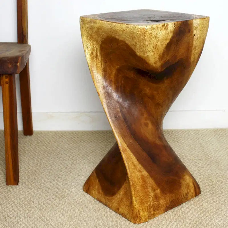 Handcrafted Single Twist Monkey Pod Wood Stool Table 12"Sq x 24"H - Walnut Oil