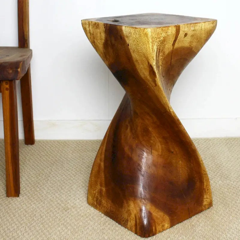 Handcrafted Single Twist Monkey Pod Wood Stool Table 12"Sq x 24"H - Walnut Oil
