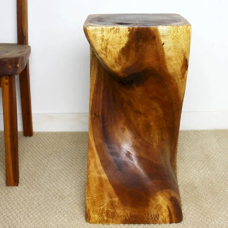 Handcrafted Single Twist Monkey Pod Wood Stool Table 12"Sq x 24"H - Walnut Oil