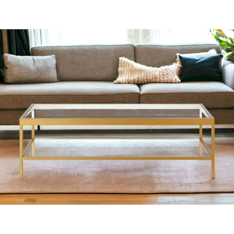 Clear and Gold Glass and Steel Coffee Table with Shelf - 54"