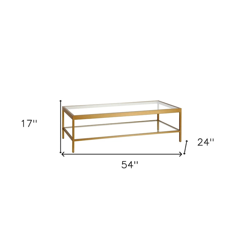 Clear and Gold Glass and Steel Coffee Table with Shelf - 54"