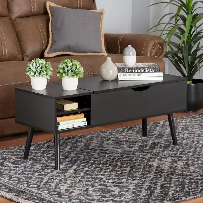 Roden Modern Two-Tone Black and Espresso Brown Finished Wood Coffee Table with Lift-Top Storage Compartment