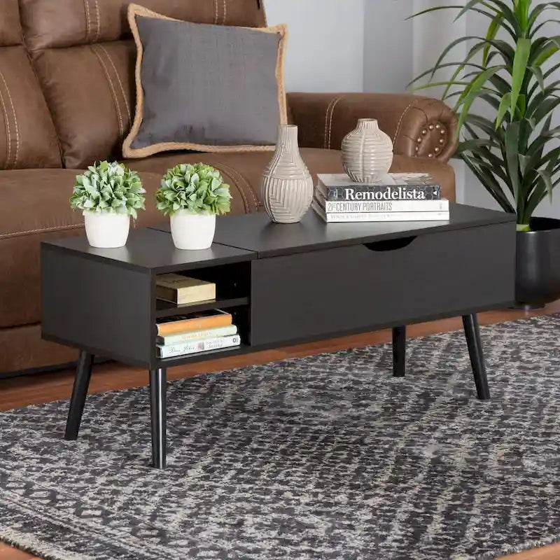 Modern Two-Tone Black and Espresso Brown Coffee Table with Lift-Top Storage