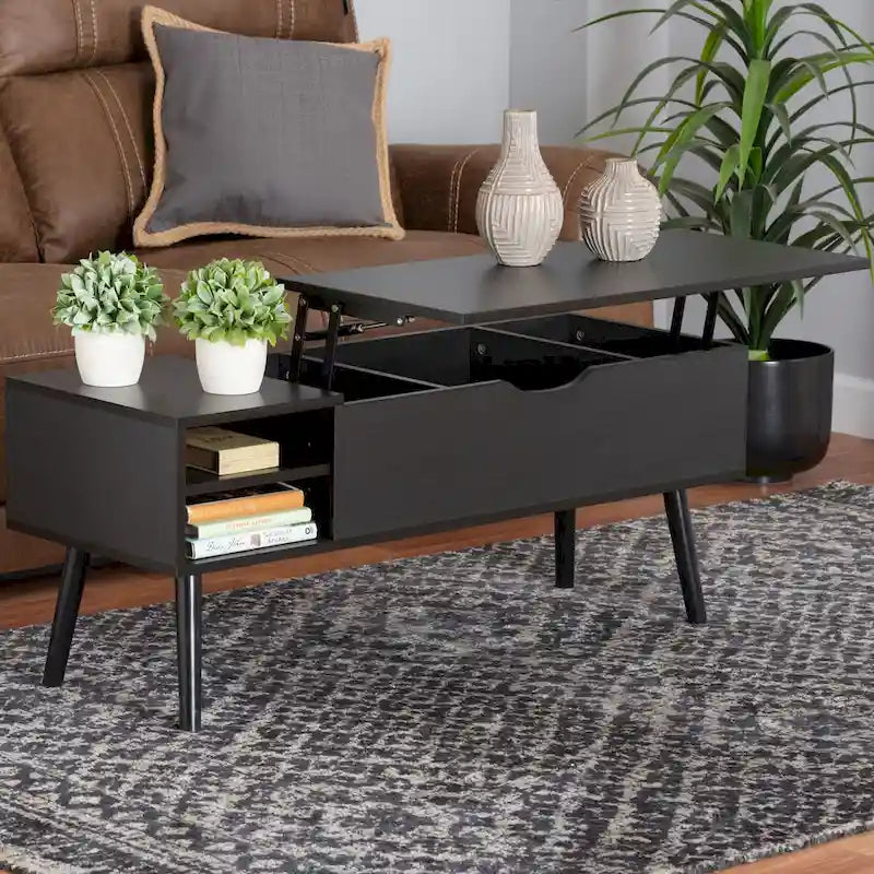 Modern Two-Tone Black and Espresso Brown Coffee Table with Lift-Top Storage