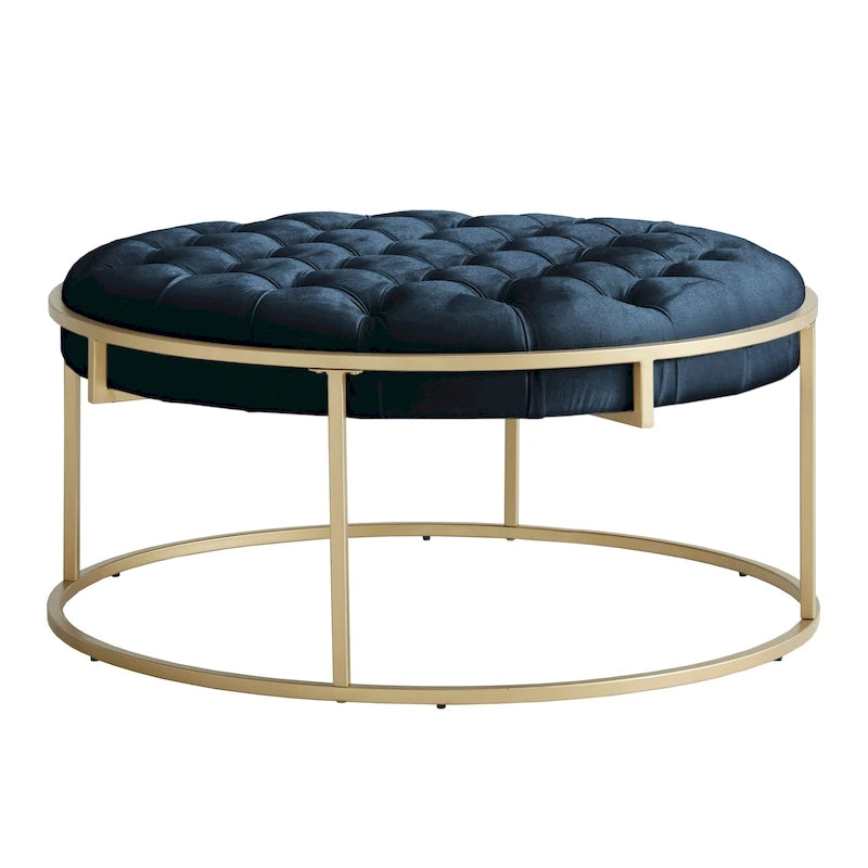 Gold Finish Velvet Round Tufted Ottoman Footrest