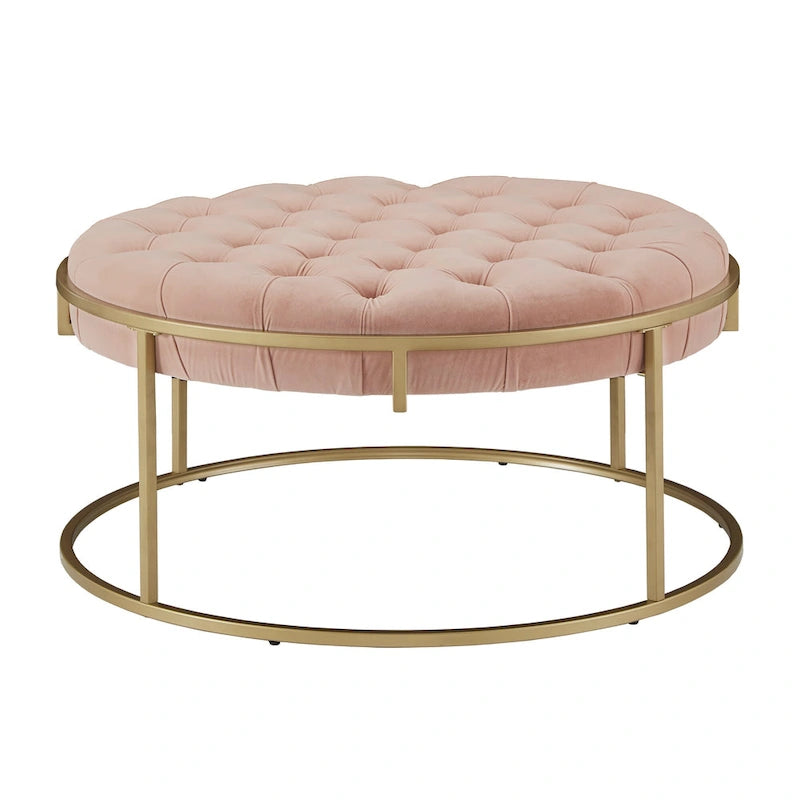 Gold Finish Velvet Round Tufted Ottoman Footrest