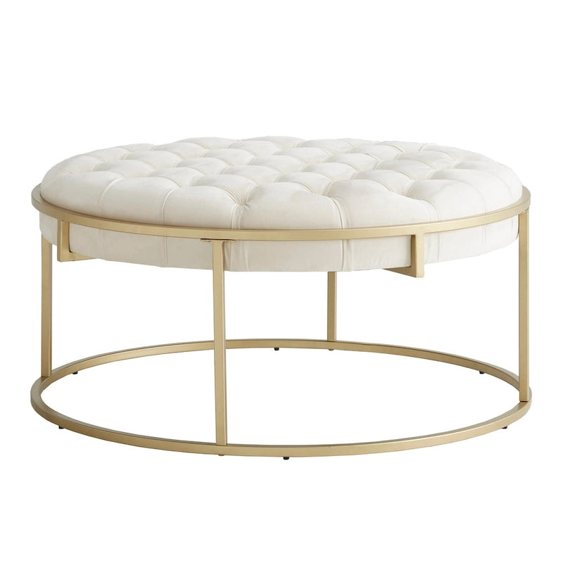 Gold Finish Velvet Round Tufted Ottoman Footrest