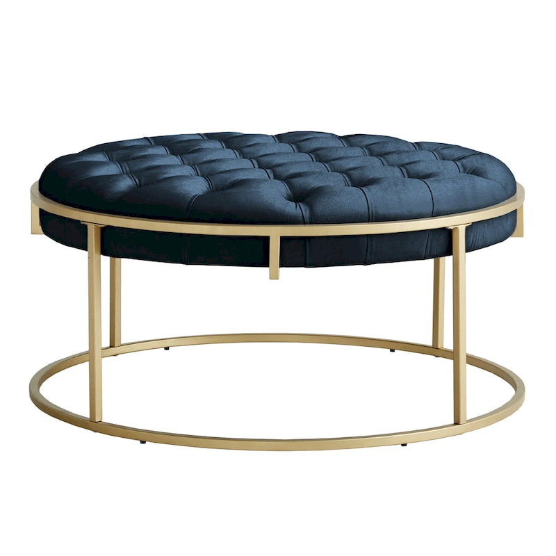 Gold Finish Velvet Round Tufted Ottoman Footrest