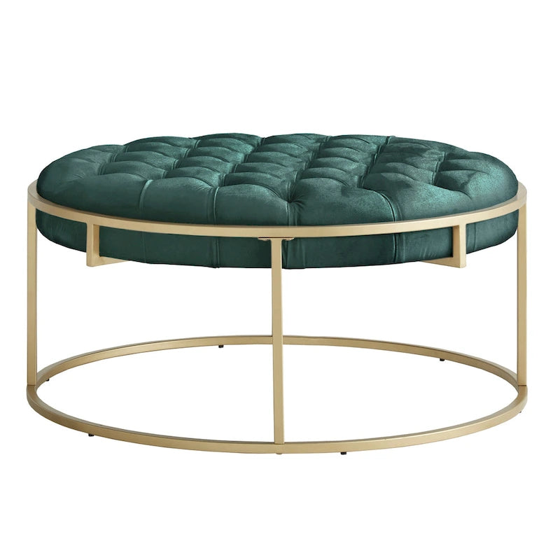 Gold Finish Velvet Round Tufted Ottoman Footrest