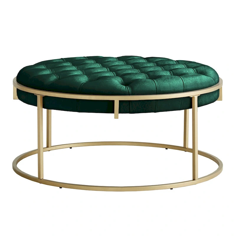 Gold Finish Velvet Round Tufted Ottoman Footrest