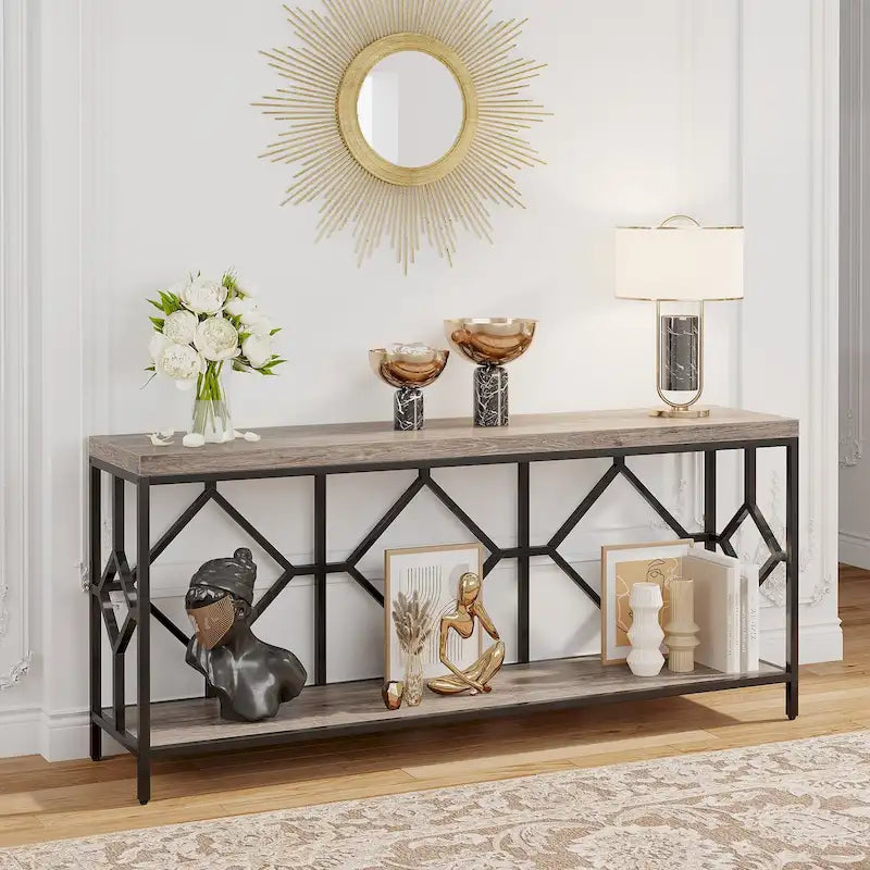 70.9 Inch Sofa Console Table with Open Storage Shelf, Industrial Narrow Extra Long Sofa Tables Entry Table Behind Couch Table