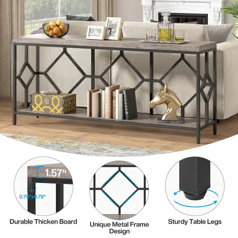 70.9 Inch Sofa Console Table with Open Storage Shelf, Industrial Narrow Extra Long Sofa Tables Entry Table Behind Couch Table